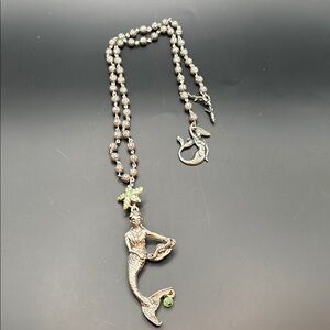 Pewter Mermaid Necklace with Green Bead and Crystal Accents